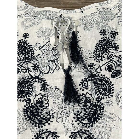 Malvin "I Love Linen" Blouse L White/Black Floral Paisley Embroidered Minimalist - Picture 2 of 10